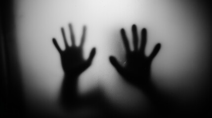 Shadowy hands reaching out against a blurred background. Two hands behind foggy glass  