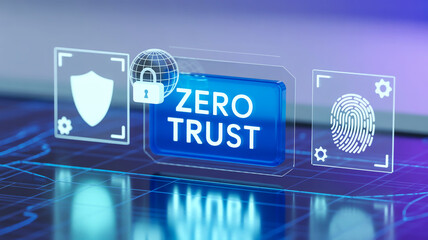 Holographic display of zero trust security concepts with shield, globe, and fingerprint icons on a futuristic grid background