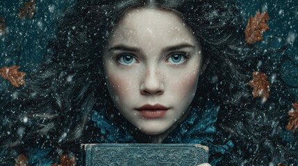 Twilight enchantment: a sorceress's nightly ritual. Editorial style. Magical encounter: a young witch and her luminescent spell book. Clean retouch. Fashion beauty.