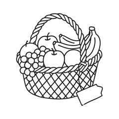  Charming woven fruit basket overflowing with apples, bananas, oranges, grapes, and harvest joy. 