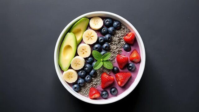 Vibrant smoothie bowl with fresh fruit and chia seeds video