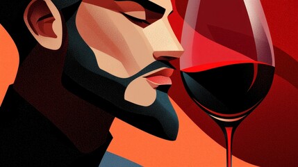 Profile of a Man Enjoying a Glass of Red Wine with Bold Colors