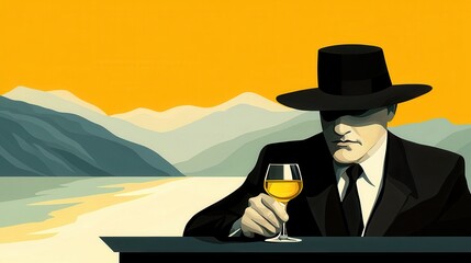 Elegant Man in Black Hat Holding Glass by Scenic Mountain Lake