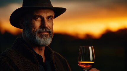 Mature Man Enjoying Beverage at Sunset with Dramatic Sky Background