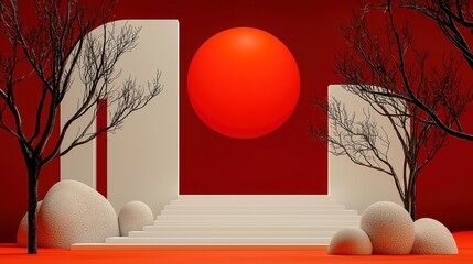 Abstract Landscape with Orange Sun and Sculptural Elements