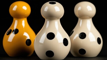 Colorful Ceramic Game Pieces with Black Dots on Dark Background