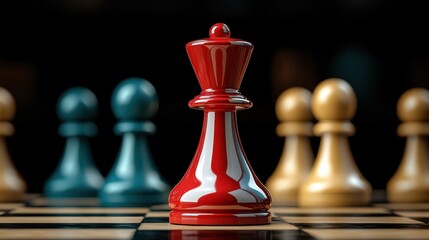 Red King Piece Among Blue and Gold Pawns on Chessboard