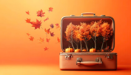 Open suitcase with an imaginative autumn scene and falling leaves, terracotta background. Copy space. Contemporary fall season surreal art collage, modern design.