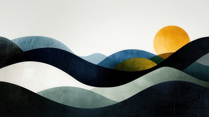 Abstract Landscape with Colorful Waves and Sunrise Elements