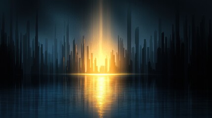 Serene Cityscape Reflection at Dusk with Glowing Horizon Light