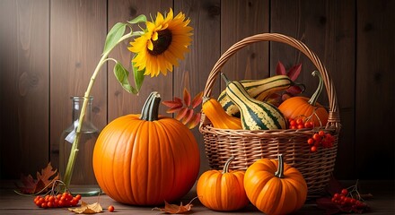 Autumn harvest still life with pumpkin sunflower and gourds in basket