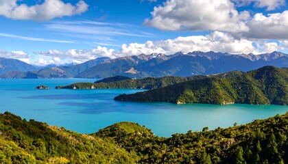 Panoramic lake and mountains