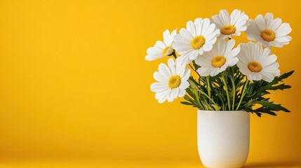 White Daisies in a Modern Pot Against a Vibrant Yellow Background
