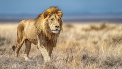 Fototapeta premium Majestic male lion strides through savanna, long golden mane, arid landscape, blue sky backdrop