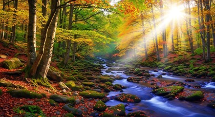 Sunbeams stream through autumn forest illuminating a flowing creek