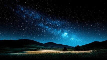 Night Sky Over Rolling Hills with Stars and Milky Way View