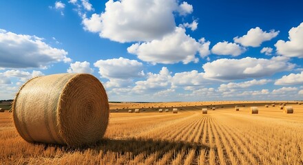 Golden hay bale in a sunlit field under a blue sky with clouds