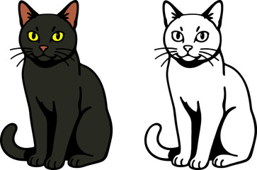 vector illustration of black cat arching back, spooky halloween animal for decoration, coloring page and digital use