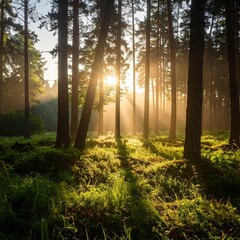 Sunbeams in a misty forest