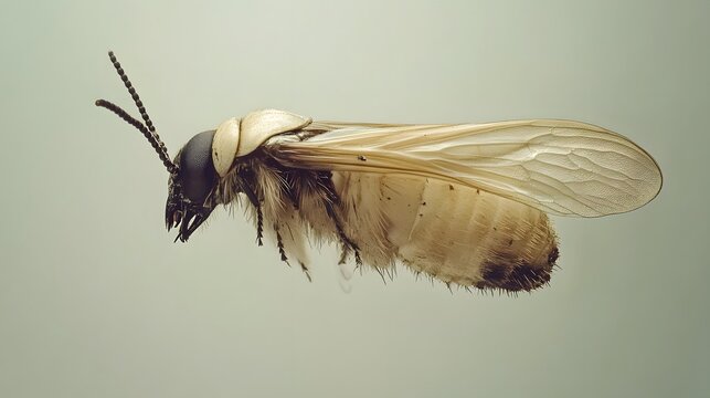 Detailed macro shot of a fungus gnat against a light background