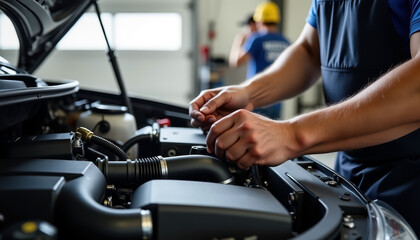 car mechanic repair. Hands of technician fixing engine under open hood in workshop. Professional auto service emphasizes maintenance, diagnostics, and vehicle safety..