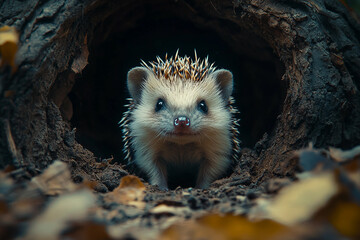 Naklejka premium Generative AI image of a cute hedgehog waking up in forest leaf nest after hibernation in early spring sunlight