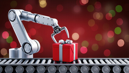 industrial robot arm placing red Christmas gift box with silver bow on conveyor belt. Modern automated holiday production with festive bokeh background.