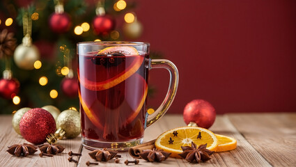 christmas mulled wine in glass mug with orange slices, anise and cloves on wooden table. Festive background with baubles and holiday tree lights.