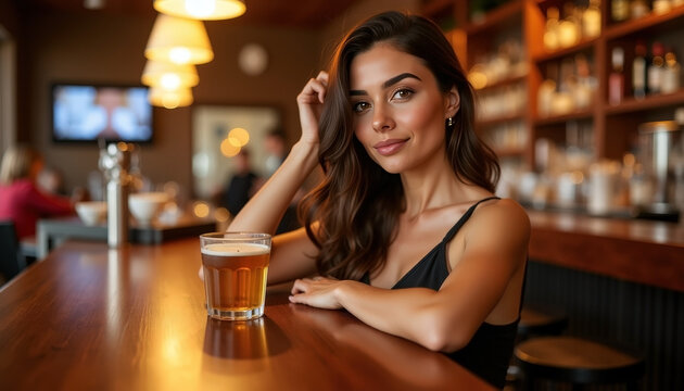 meeting friend with woman sitting at bar counter with glass of beer. pub socializing moment with relaxed mood. woman dating scene with friendly expectation.