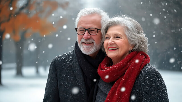elderly couple winter love. Smiling seniors outdoors in snowfall. Red scarf and glasses add detail. aging population and social care topics include loneliness support healthcare dignity..