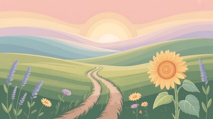 Idyllic countryside landscape with winding path and sunflower at sunrise