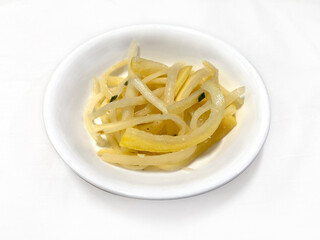 Korean Seasoned Bellflower Root Salad (Doraji Muchim) in White Bowl, 한국식 도라지 무침 하얀 그릇 담김