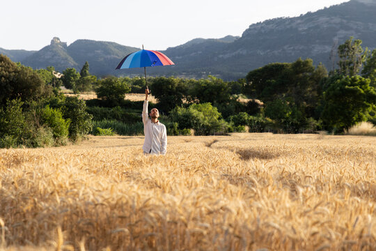 Man with rainbow umbrella standing in wheat field at sunset
