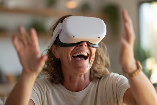 Happy woman using virtual reality goggles