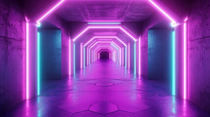 Futuristic Neon Light Tunnel Abstract Background.