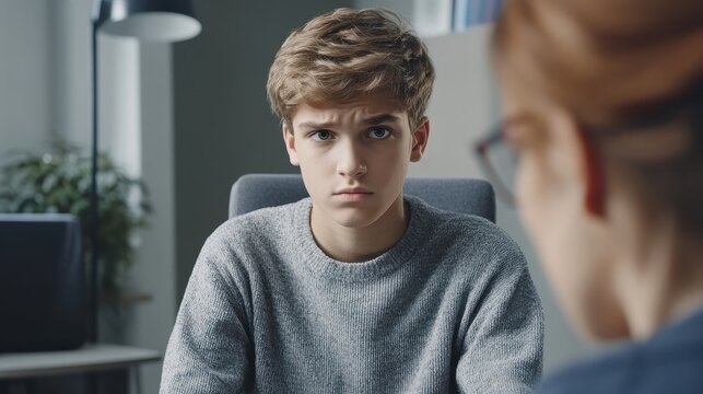 Teen boy in serious conversation during counseling session
