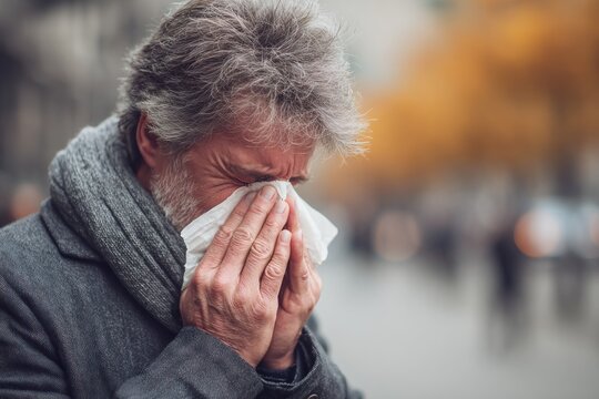 Older man outside, blowing his nose with a tissue, gray hair, in a coat and scarf