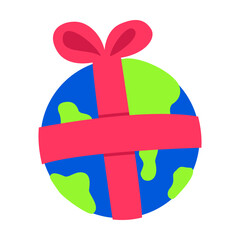 Earth Globe Wrapped with Gift Ribbon Flat Vector Illustration