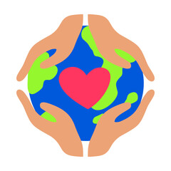 Four Hands Protecting Earth Globe with Heart Flat Vector Illustration
