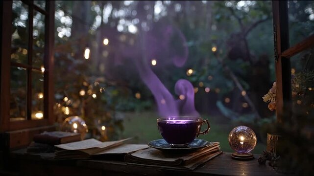 Steaming cup of tea with purple vapor by the window in a fantasy setting