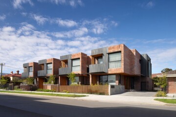 Modern residential buildings showcase innovative design with brick and glass elements in a suburban neighborhood under a clear blue sky during midday