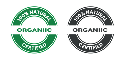 Green stamp says 100% natural organic product. Eco-friendly, sustainable, healthy eating, natural ingredients. 100% natural organic logo, label, sign, badge, symbol, banner, isolated illustration. 