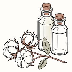 Illustration of cotton bolls and leaves next to two glass bottles filled with clear liquid and cork stoppers