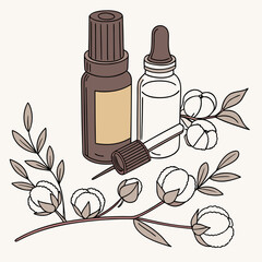 Two amber and clear glass dropper bottles with cotton branches and leaves on a neutral background