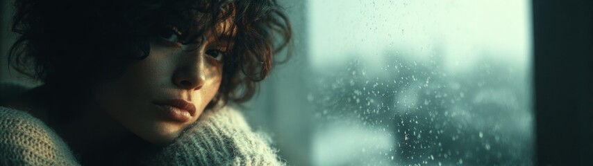 Embracing the season's first snow from a serene windowside. Advertising photo. Gazing at new snowfall from the comfort of a windowsill in a white sweater. Poster graphics. Cinema artwork.