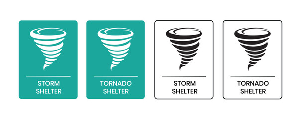 Tornado shelter and storm shelter sign, Tornado shelter and storm shelter label, badge, icon, sticker, label, emblem, stamp, symbol, black, line, flat vector, isolated illustration.