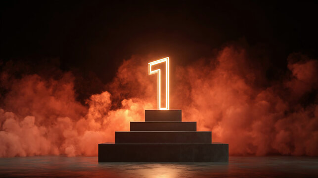 Glowing Number One on Tiered Podium with Dramatic Fiery Backdrop