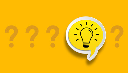 Creative idea or problem solving concept. Light bulb and question marks.