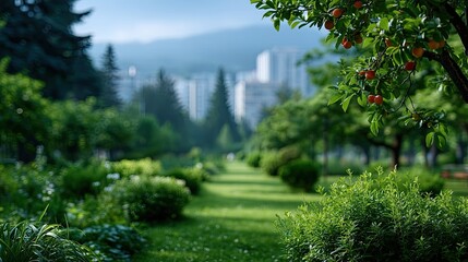 Lush Green Garden with Trees and Red Fruits on Branches Sunny Day Tranquil Park Scenery Blurred Building Background Cityscape in Distance
