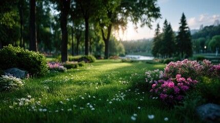 Obraz premium Lush Green Grass Field with Wildflowers in Warm Sunlight, Park Ambiance, Blurred Trees and Distant Lake Scenery, Peaceful Nature Background